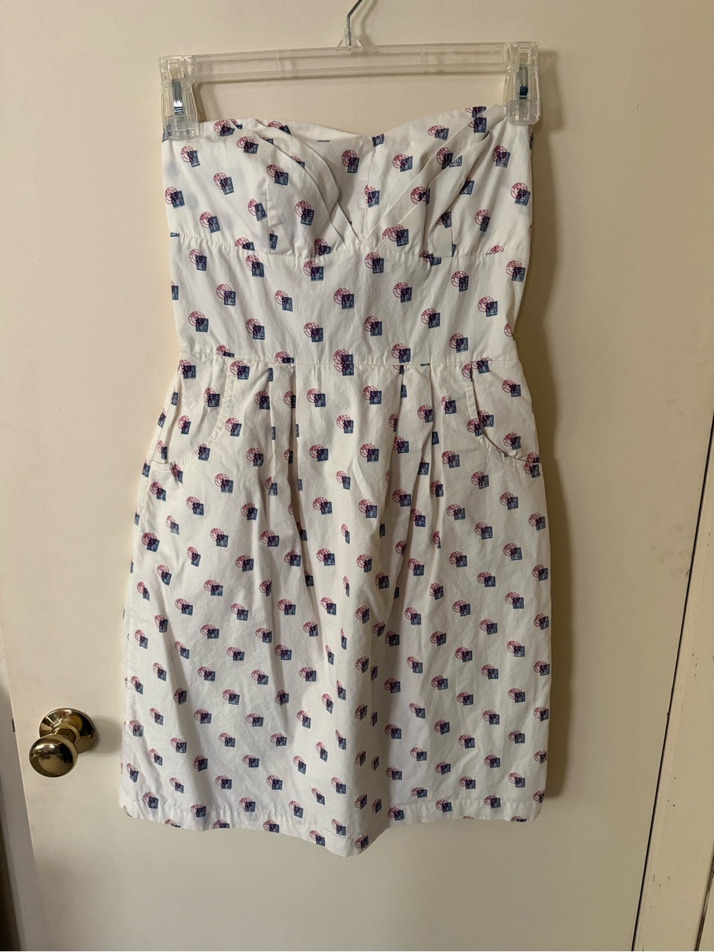 Anthropologie White Halter Mini Dress with Red & Blue Stamp Print